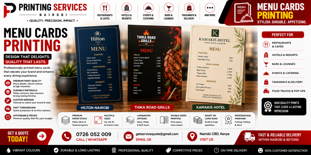 Menu Cards Printing in nairobi